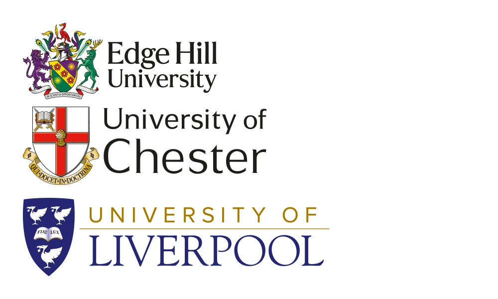 Logos for Edge Hill University, University of Liverpool and University of Chester stacked