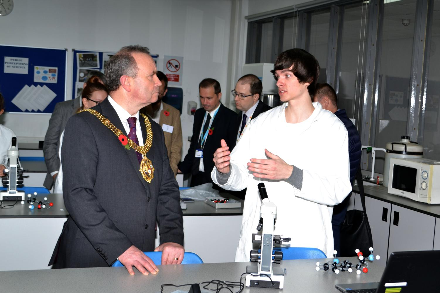Wirral Mayor Councillor Pat Hackett speaks with Wirral Met STEM student