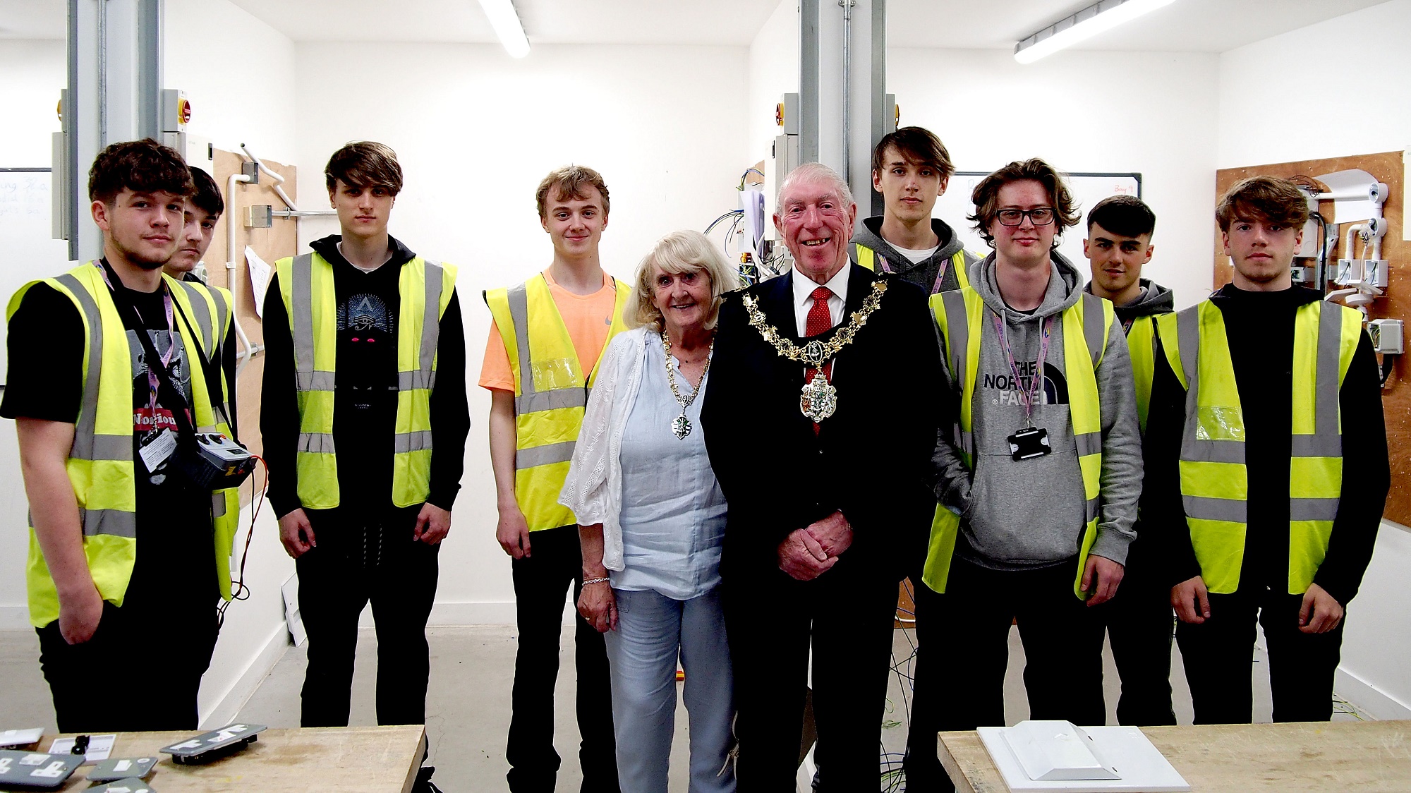 The Mayor and Mayoress with electrical students at Wirral Waters