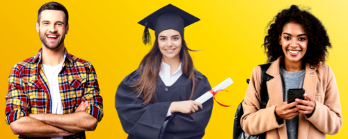 Three adult students against yellow background