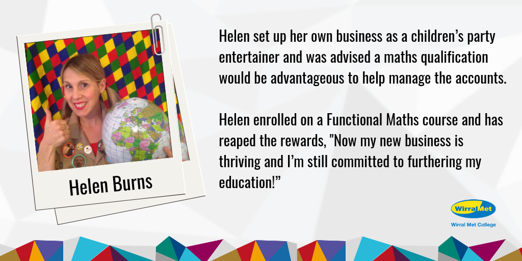 Case study poster of Helen Burns who enrolled in a functional maths course and is now working as a children's entertainer