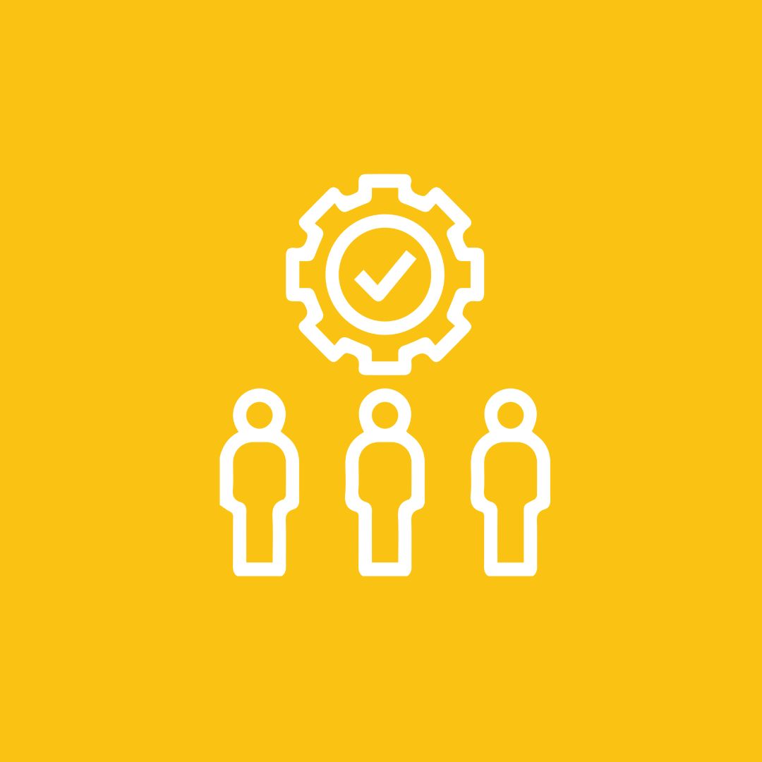 A graphic of three people stood in front of a cog, with a tick in the middle. It appears on a yellow background. 