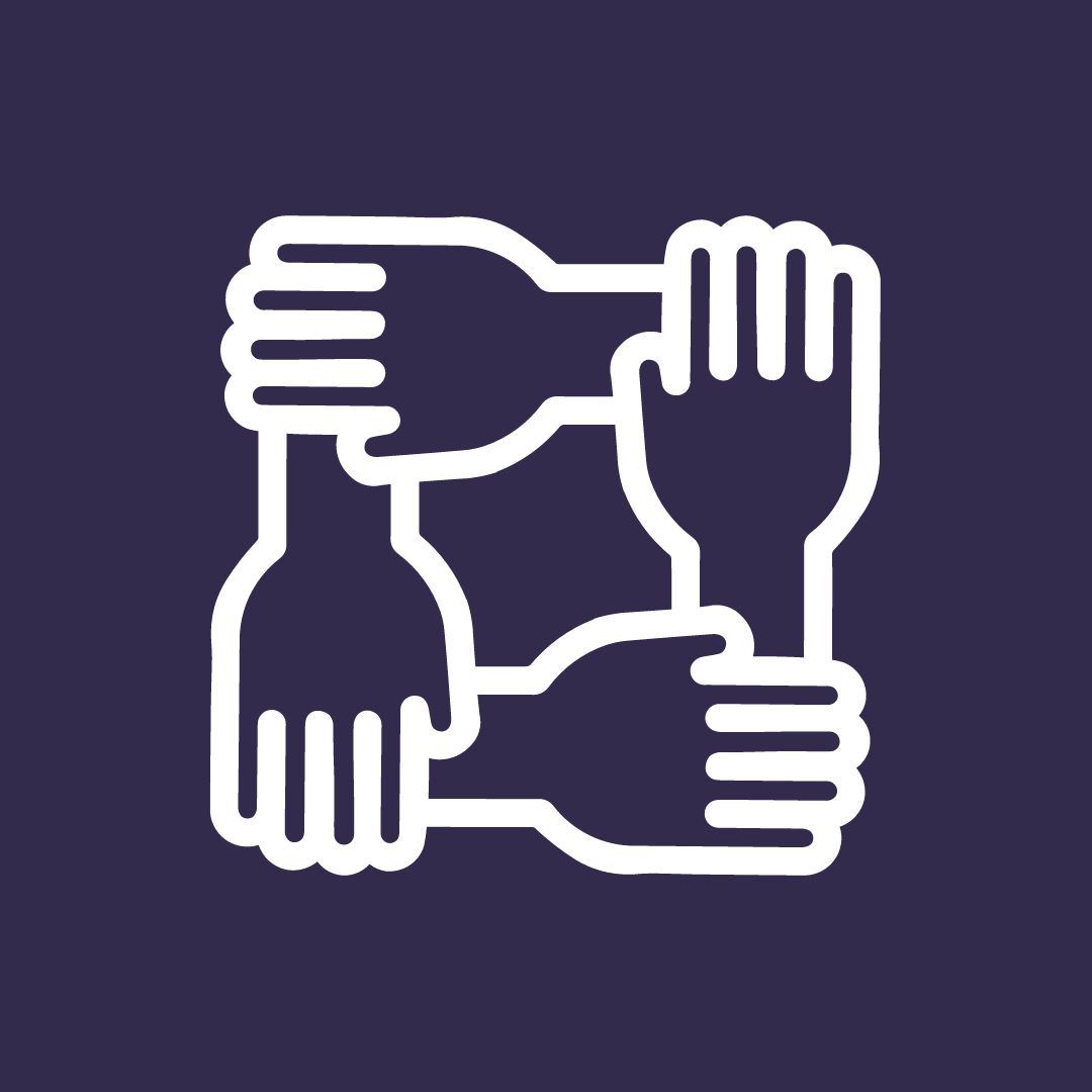 A graphic of four hands joining up together to form a square. It appears on a navy background.